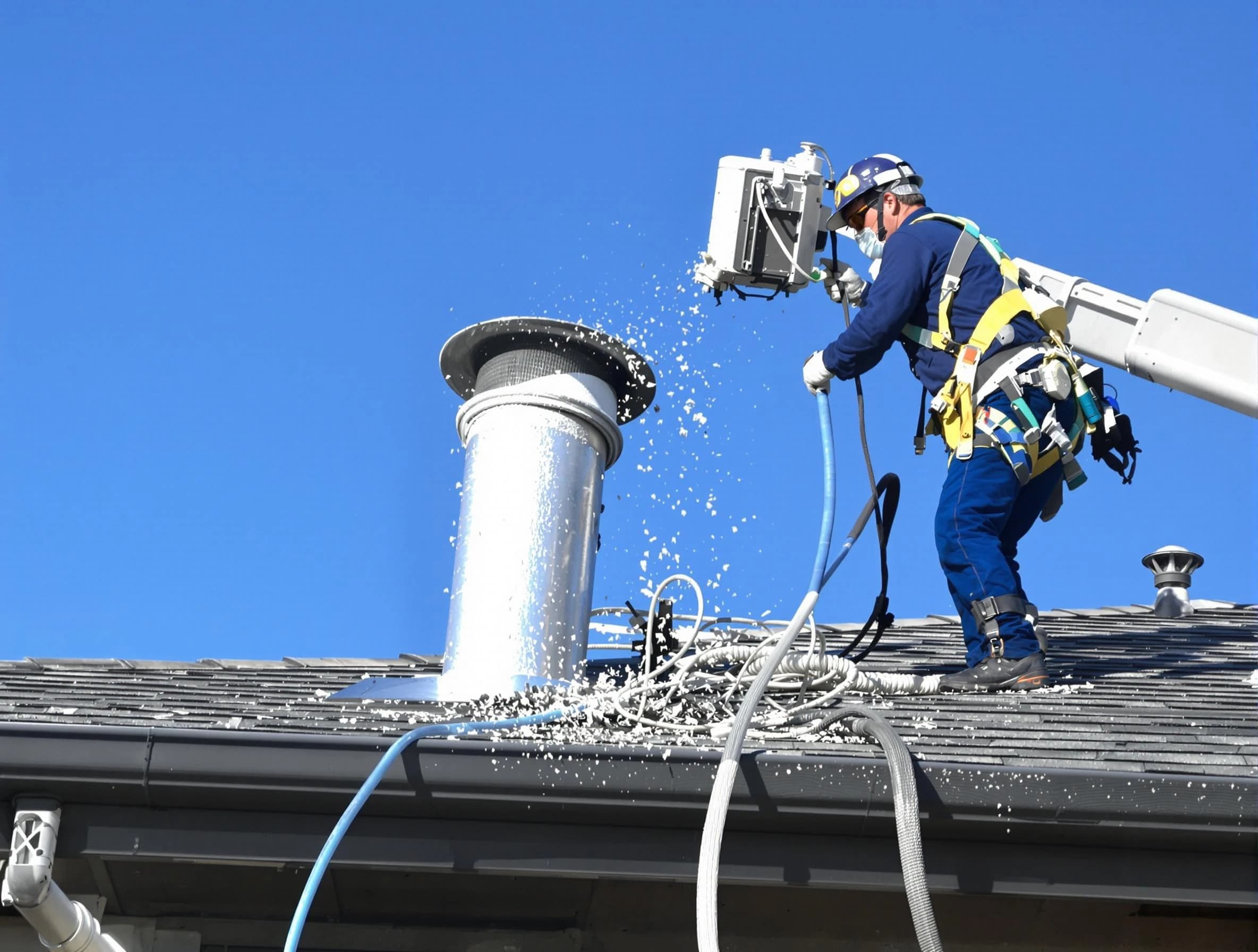 Mechanicsville Dryer Vent Cleaning certified technician safely cleaning a roof-mounted dryer vent in Mechanicsville
