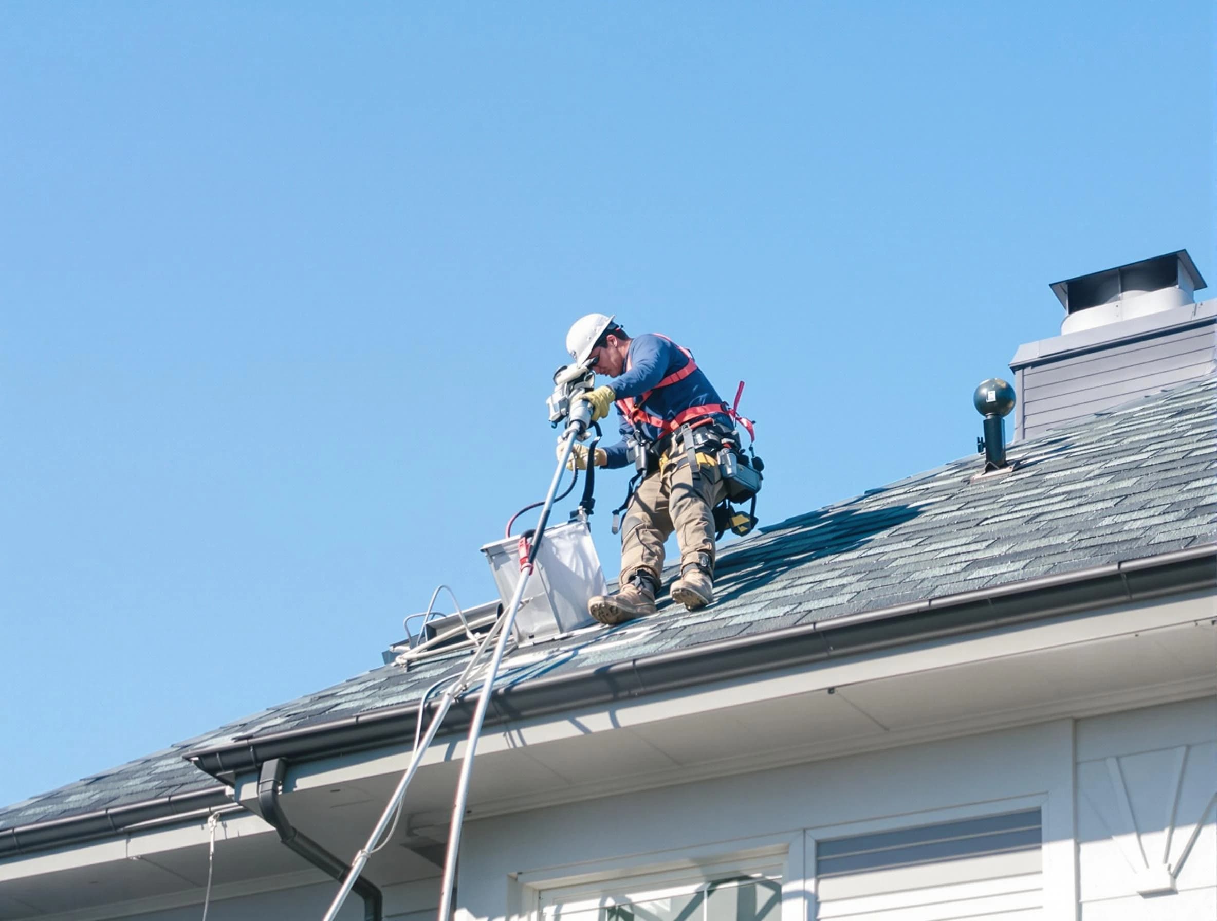 Mechanicsville Dryer Vent Cleaning certified technician cleaning a roof-mounted dryer vent system in Mechanicsville