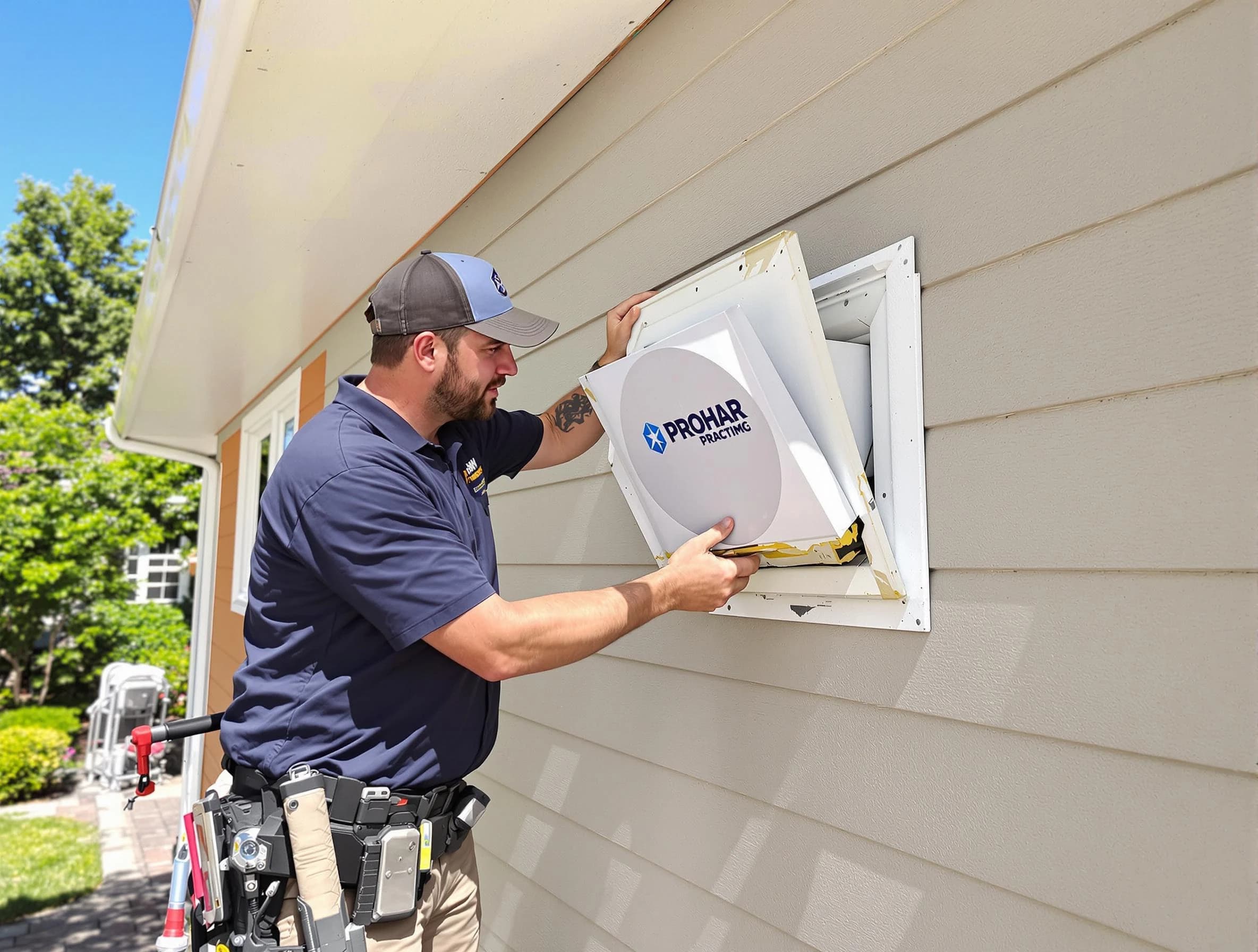 Mechanicsville Dryer Vent Cleaning technician installing a new protective dryer vent cover on a home in Mechanicsville