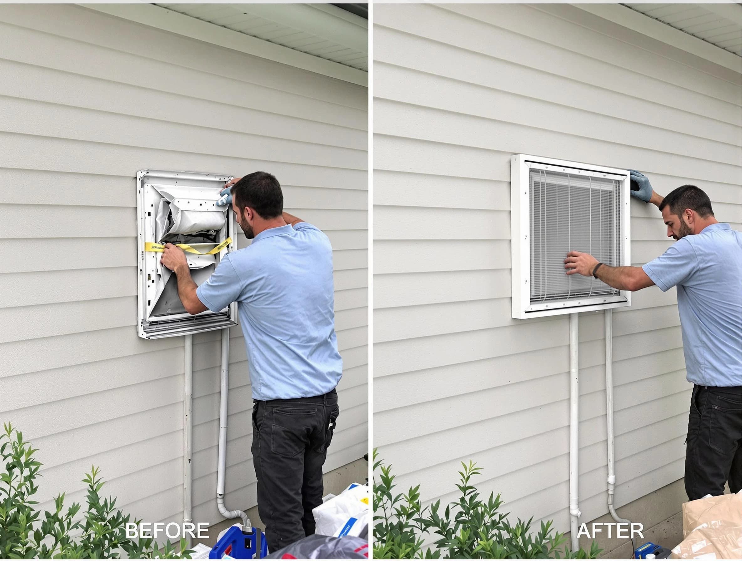 Mechanicsville Dryer Vent Cleaning technician installing high-quality dryer vent cover at a residential property in Mechanicsville