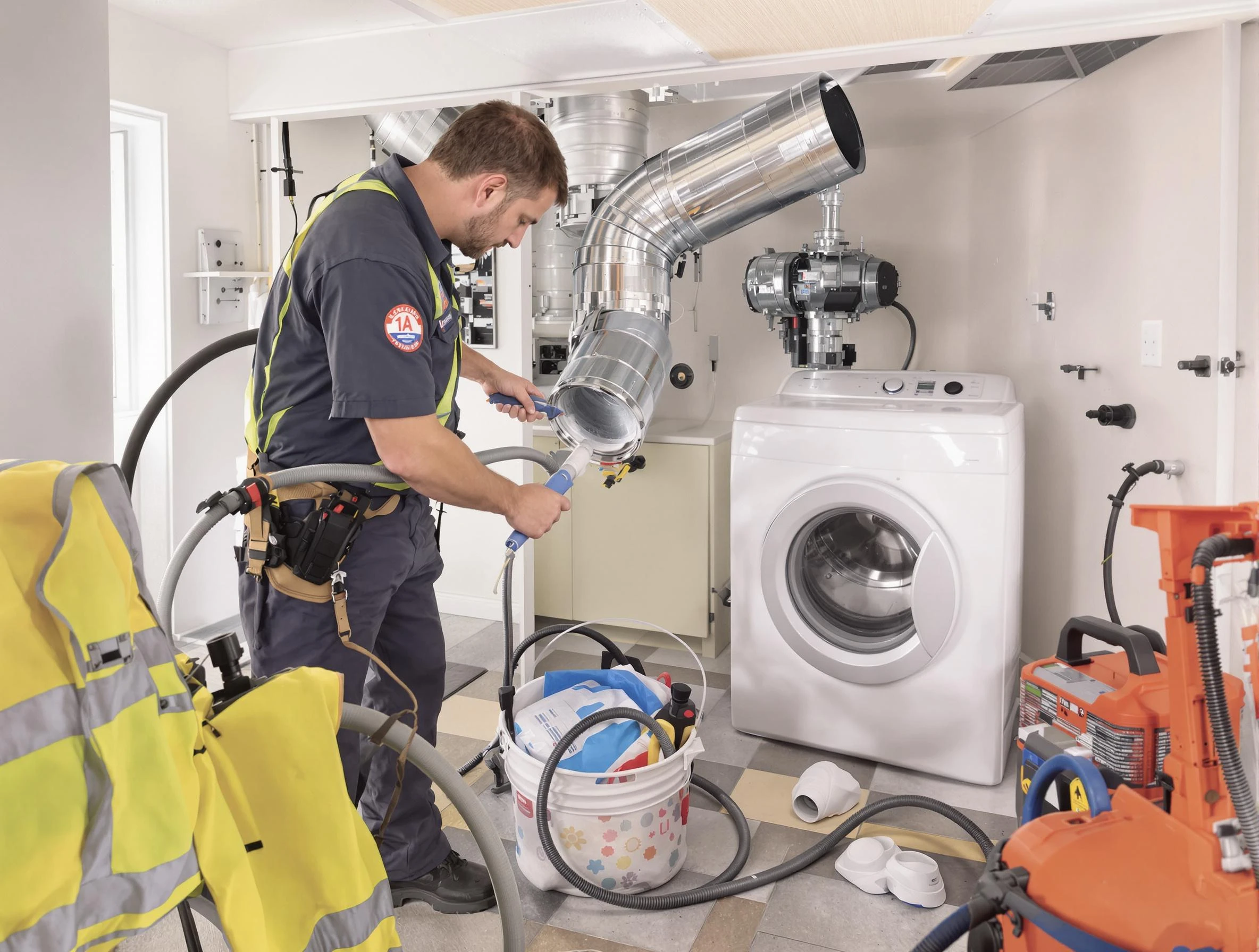 Mechanicsville Dryer Vent Cleaning technician using specialized equipment to clear severe dryer vent blockage in Mechanicsville
